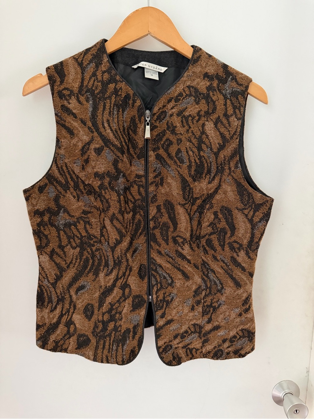 VTG Peter Nygard Wool Tapestry Zip Up Best Sleeveless Animal Print Size 12 (med)